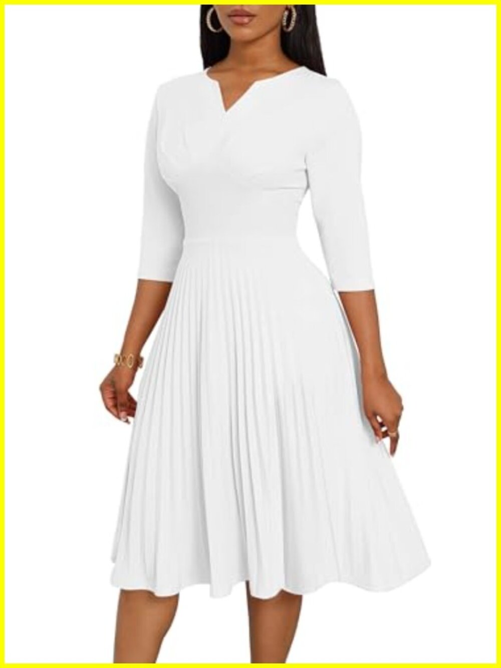 Pleated Midi Dress 3/4 Sleeve Empire Waist Church Dress Pockets